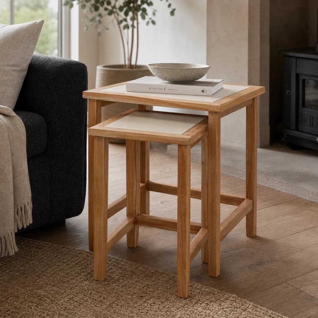 Womad Large Set Of 2 Wooden Side Tables With Cream Marble Tops - Tables, photo 1 of 8