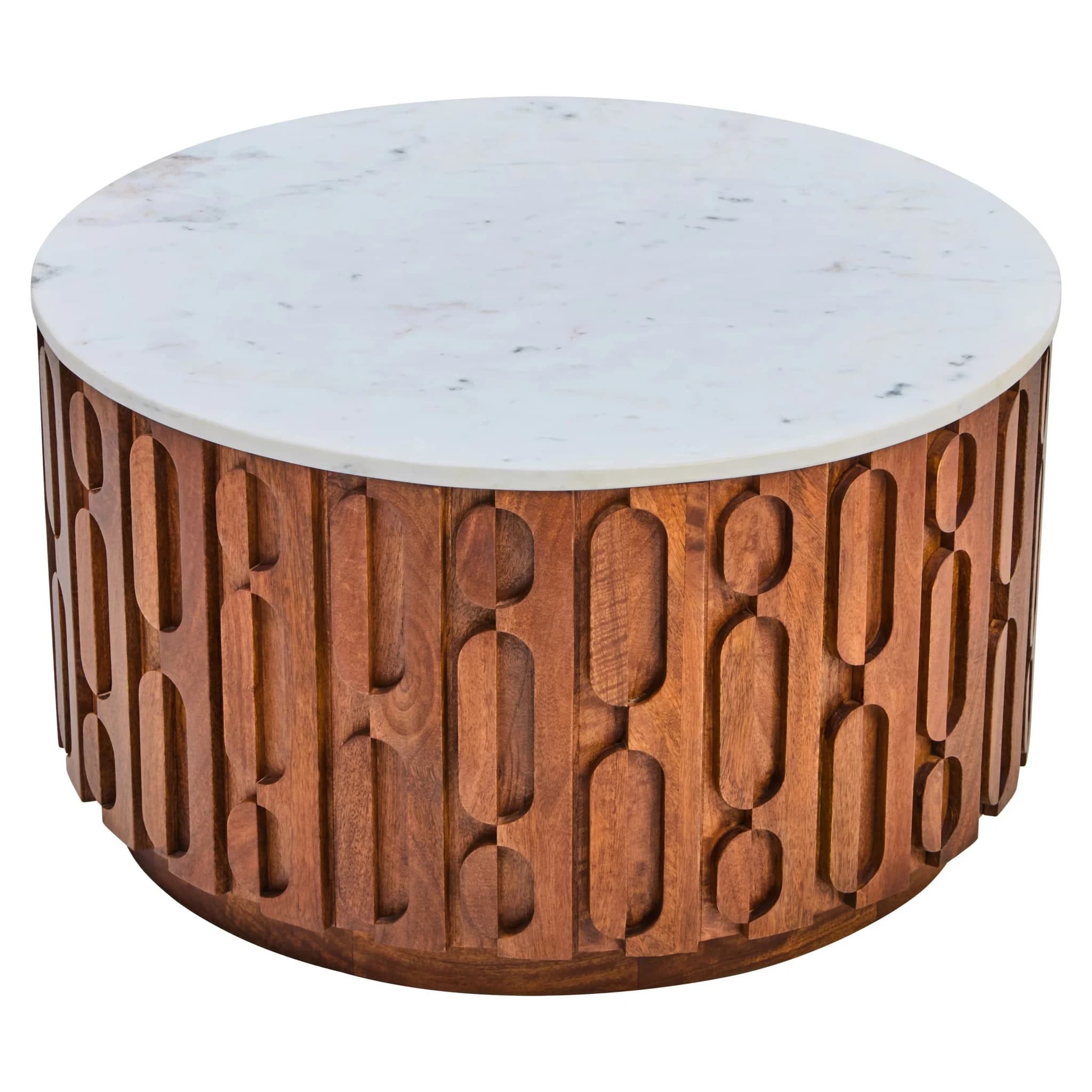 Torcino Marble and Carved Mango Wood Round Coffee Table - Tables, photo 2 of 5