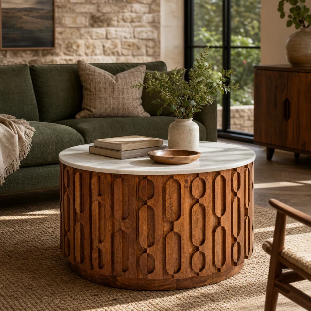 Torcino Marble and Carved Mango Wood Round Coffee Table - Tables, photo 1 of 5