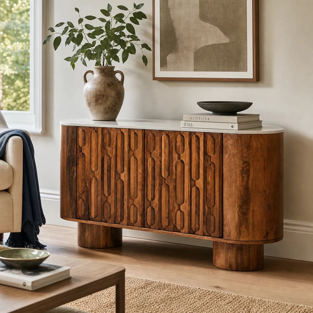 Torcino Marble and Carved Mango Wood Two Door Sideboard