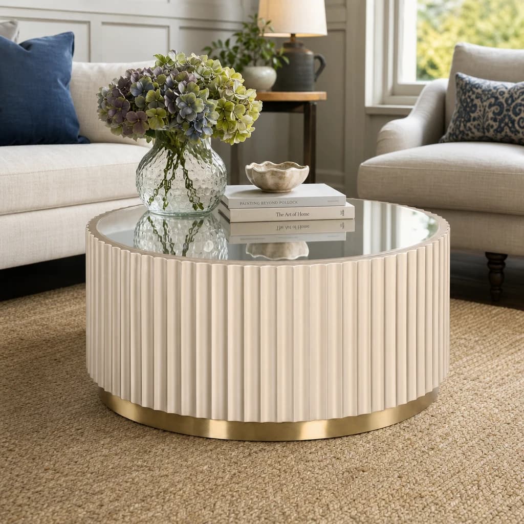 Dusino Champagne Gold Finish Flute Detail Coffee Table with Mirror Top - Tables, photo 1 of 3
