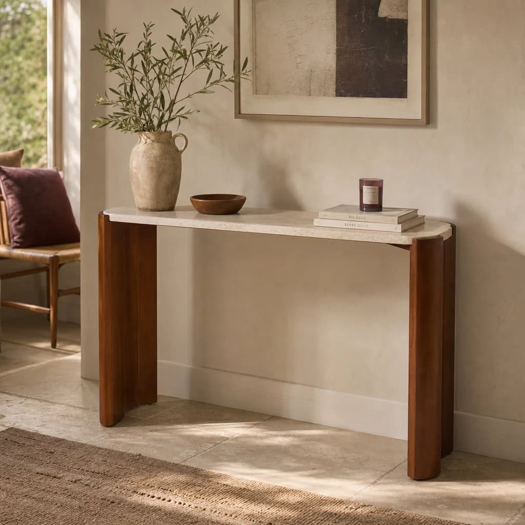 Palermo Travertine Top and Brown Acacia Wood Console Table - Tables, photo 1 of 7
