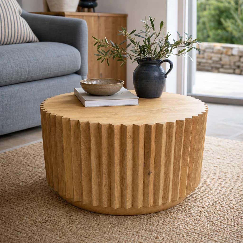 Barto Round Mango Wood Carved Ridged Coffee Table - Tables, photo 1 of 4