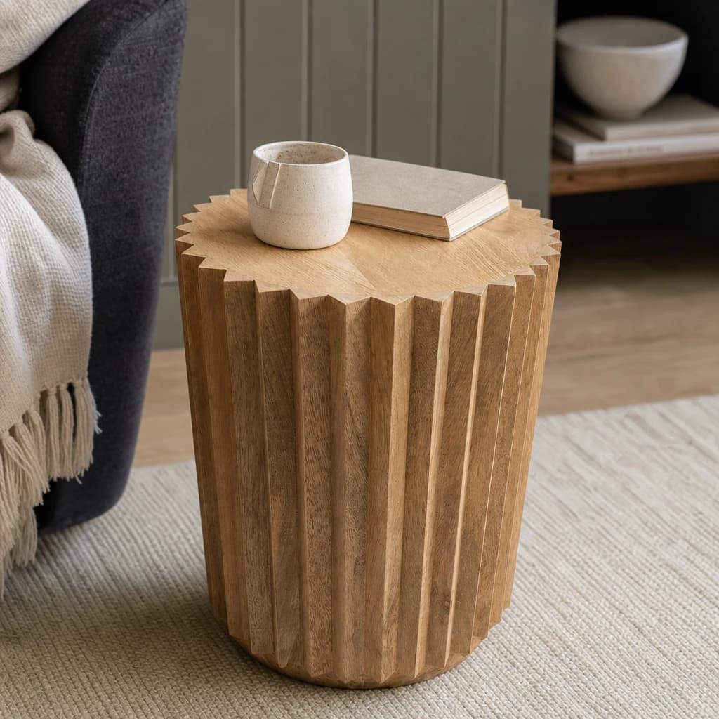 Barto Round Mango Wood Carved Ridged Side Table and Stool - Seating, photo 1 of 8