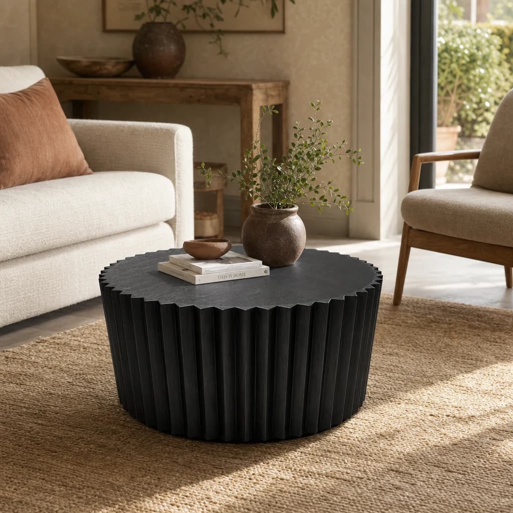 Barto Round Black Mango Wood Carved Ridge Coffee Table - Tables, photo 1 of 8
