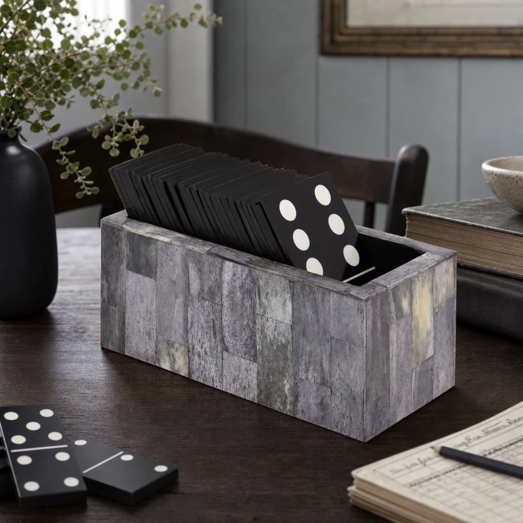 Churchill Games Grey Bone Domino Set with Black Dominoes - Decorative, photo 1 of 8