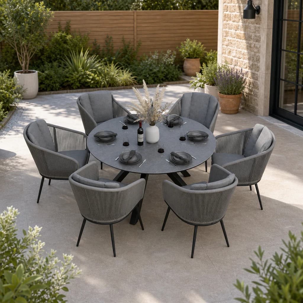 Aspen 6 Seater Round Ceramic Glass Dining Set with Aspen Rope Chairs - Outdoor, photo 1 of 5