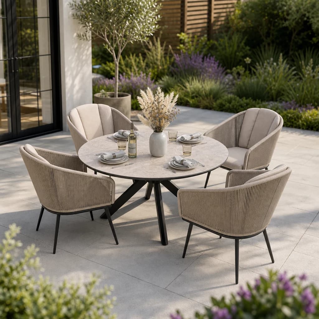 Bali 4 Seater Round Ceramic Glass Dining Set with Bali Rope Chairs - Outdoor, photo 1 of 5