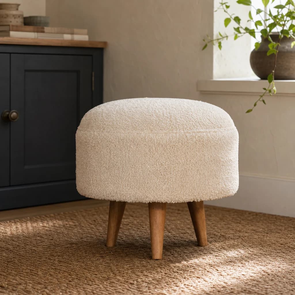 Cream Boucle Rounded Footstool