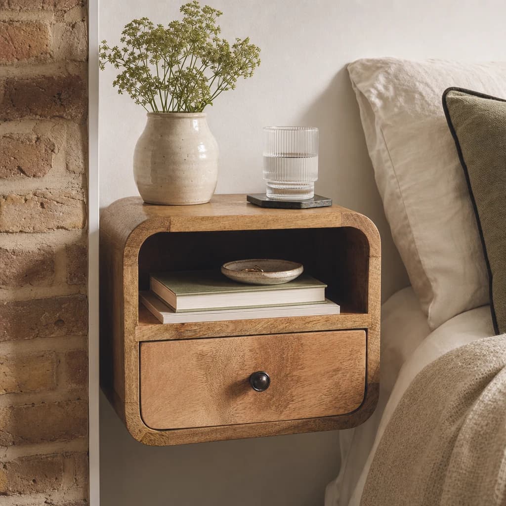 Extra Mini Wall Mounted Curved Oak-ish Bedside with Open Slot - Bedside tables, photo 1 of 9