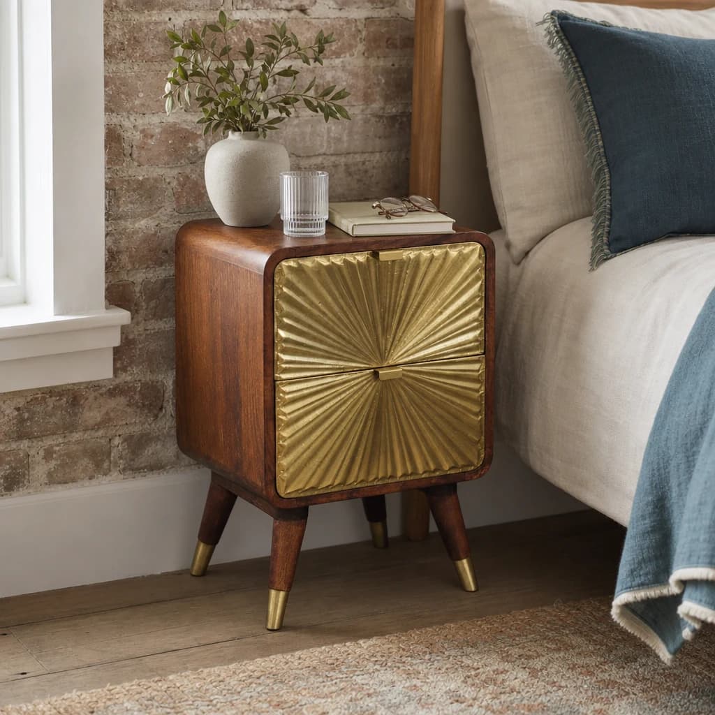 Avora Brass Embossed 2 Drawer Chestnut Nightstand