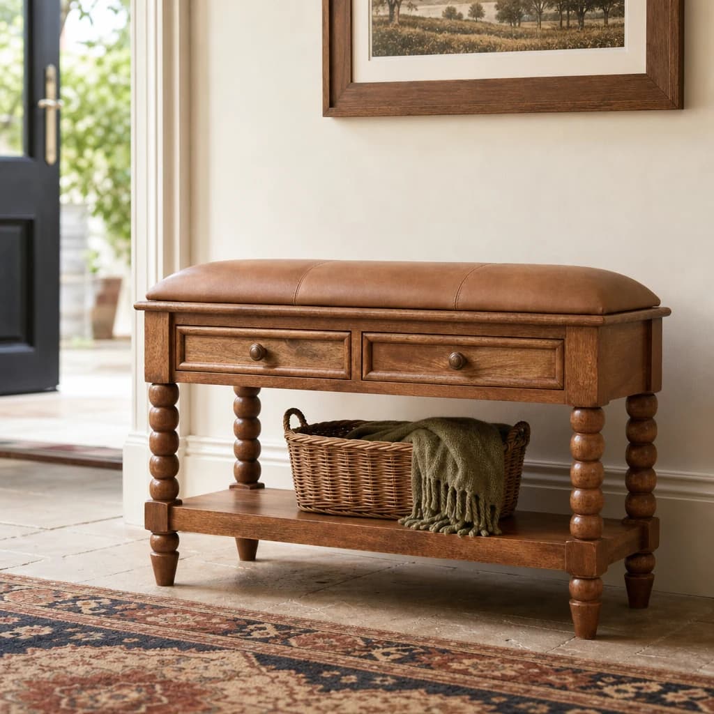 Spindle Leather Bench - Benches, photo 1 of 9