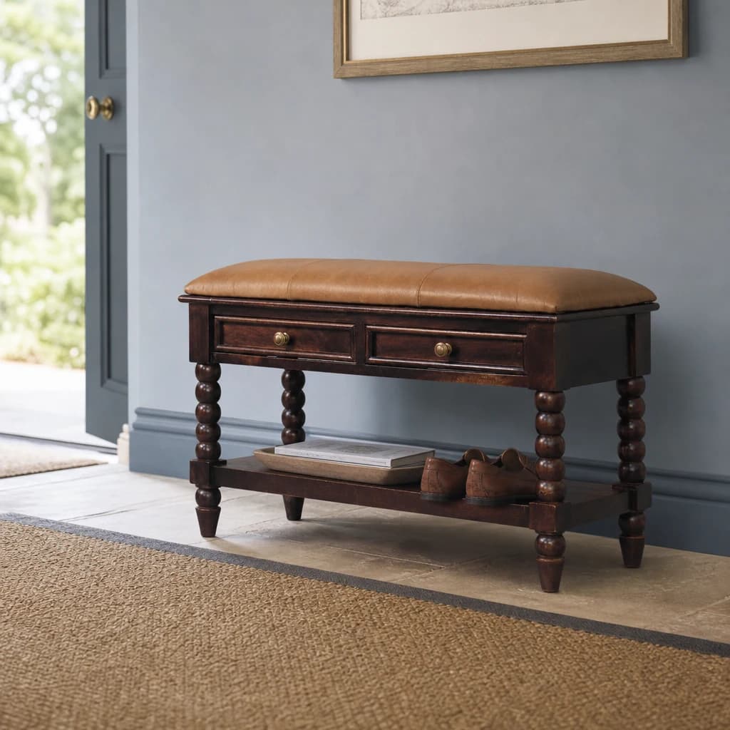Spindle Winewood Leather Bench - Benches, photo 1 of 9