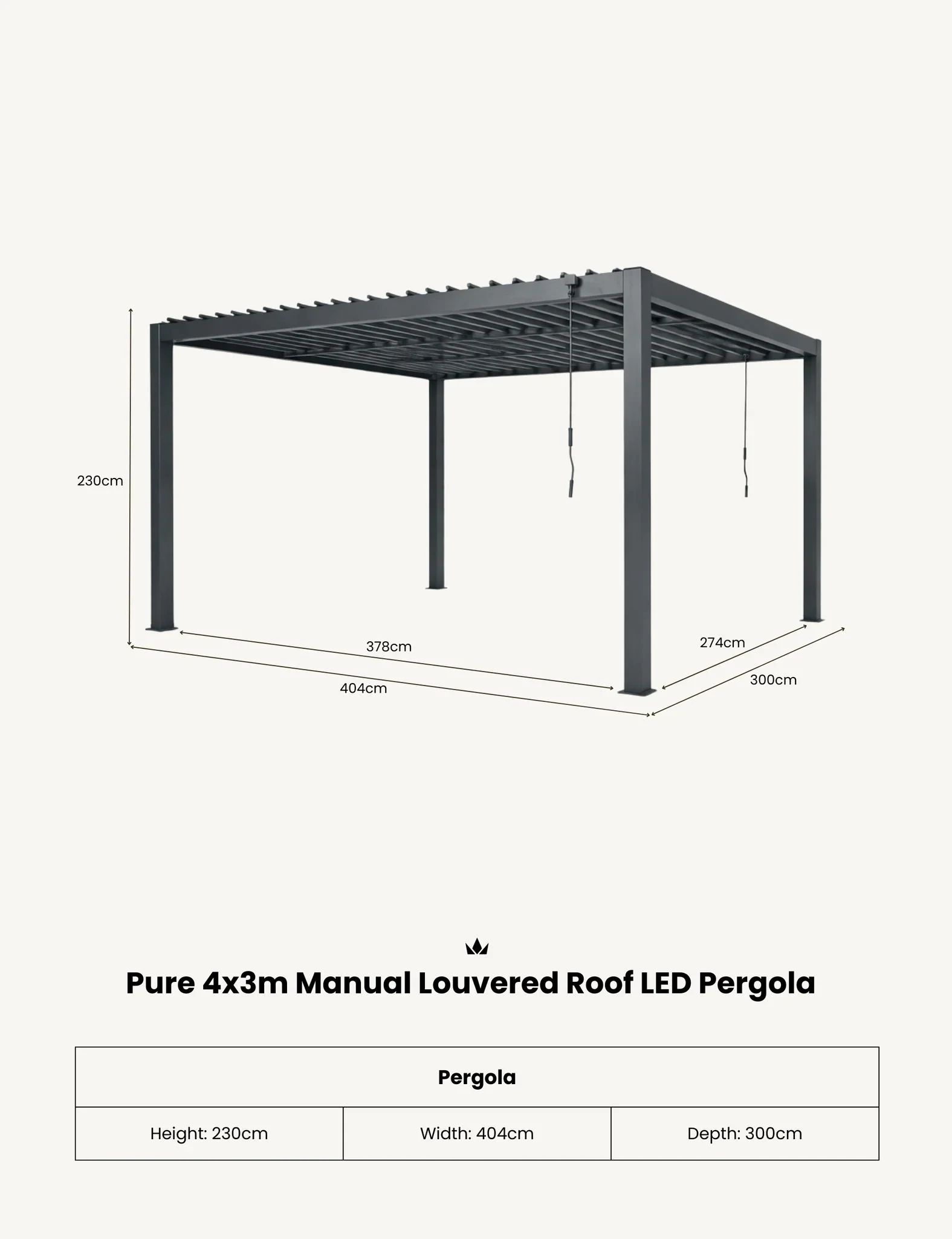 Pure 4x3m Pergola with Manual Louvered Roof and Solar Lighting - Pergolas, photo 4 of 6