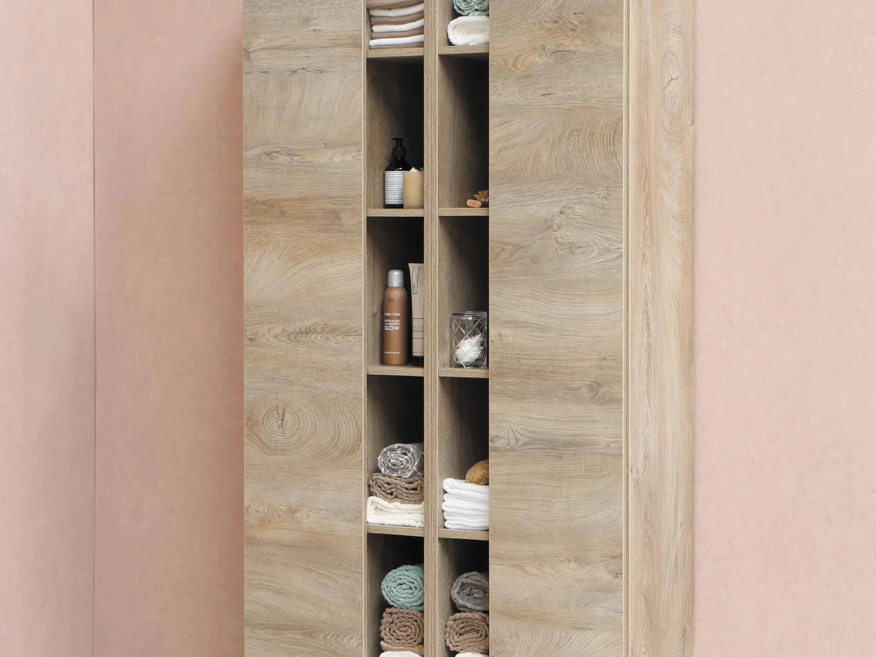 Tall bathroom storage cabinet with open timber shelving