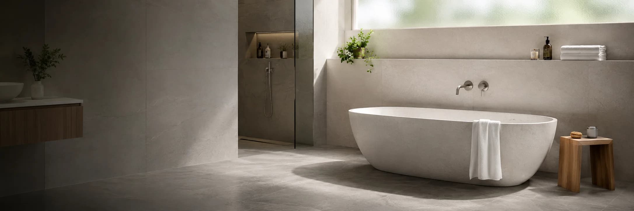 Fitted bathroom furniture and ceramics in a Crestwood scheme