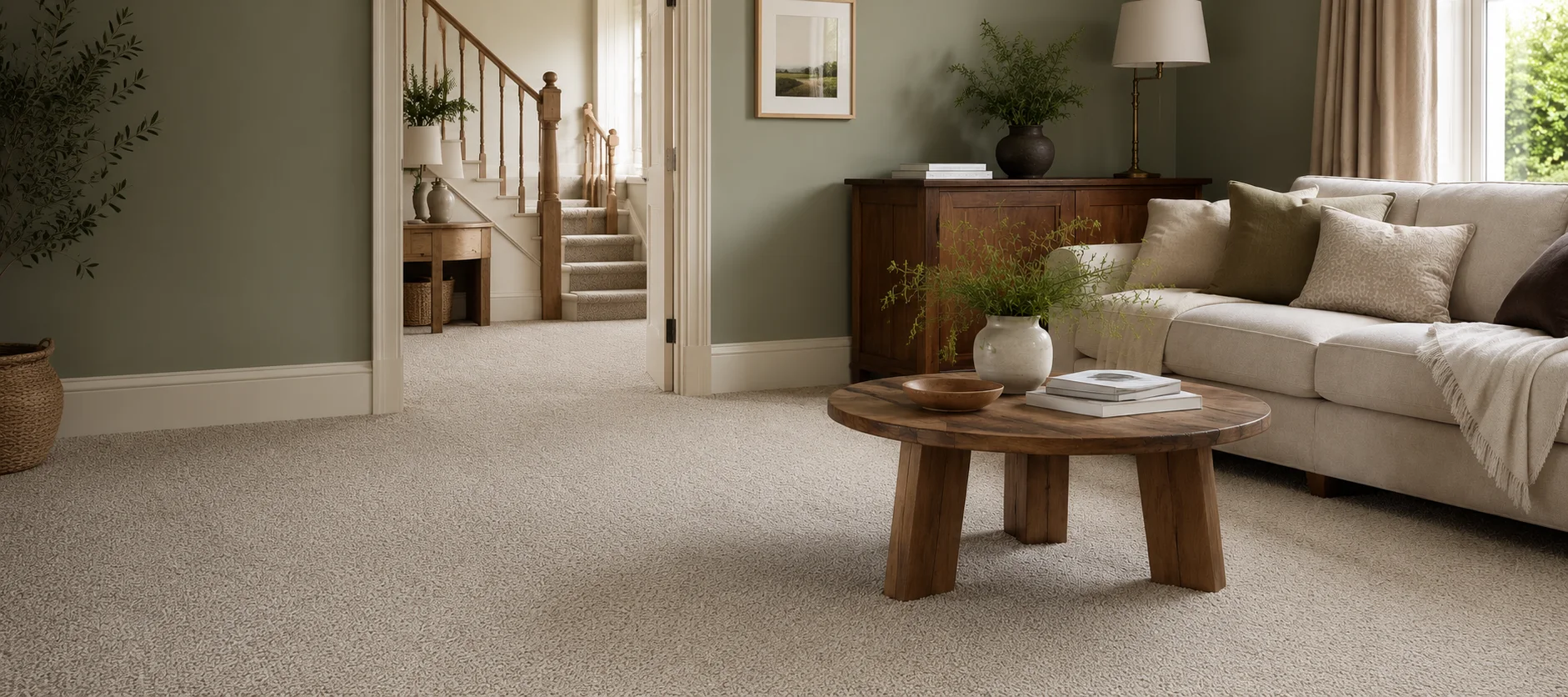 Carpeted living room with soft natural light