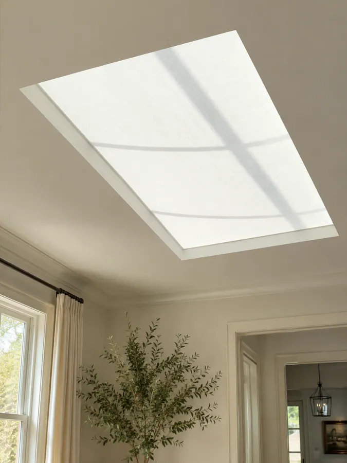 White lantern blind over a recessed skylight