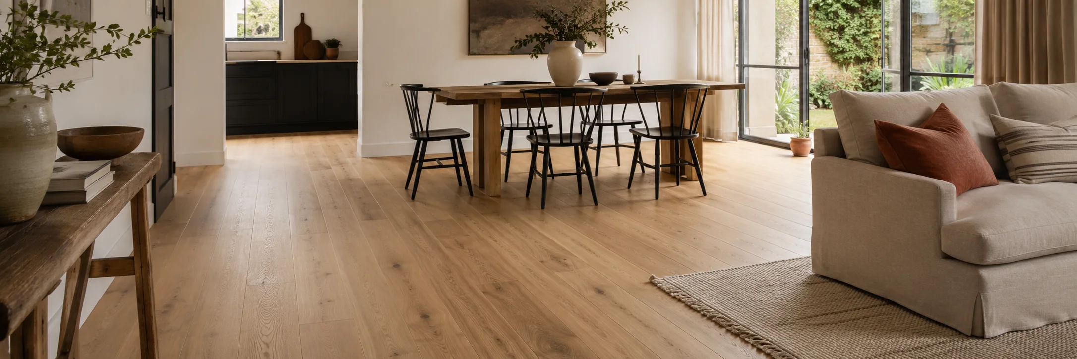 Engineered wood flooring in an open-plan living and dining room