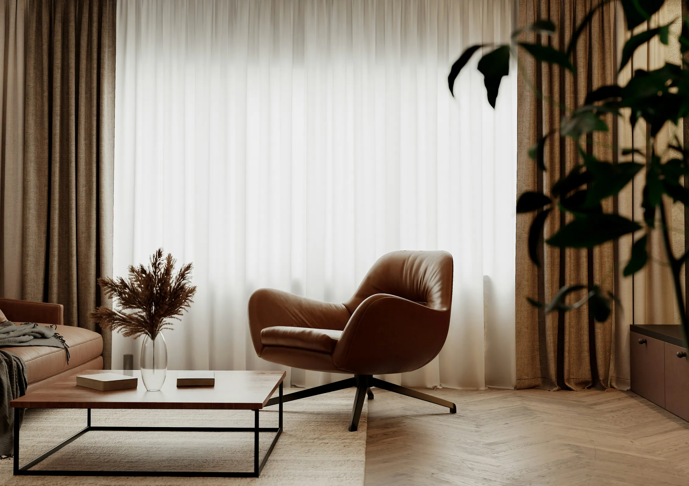 Caramel leather swivel chair by a wooden coffee table with soft light through sheer curtains