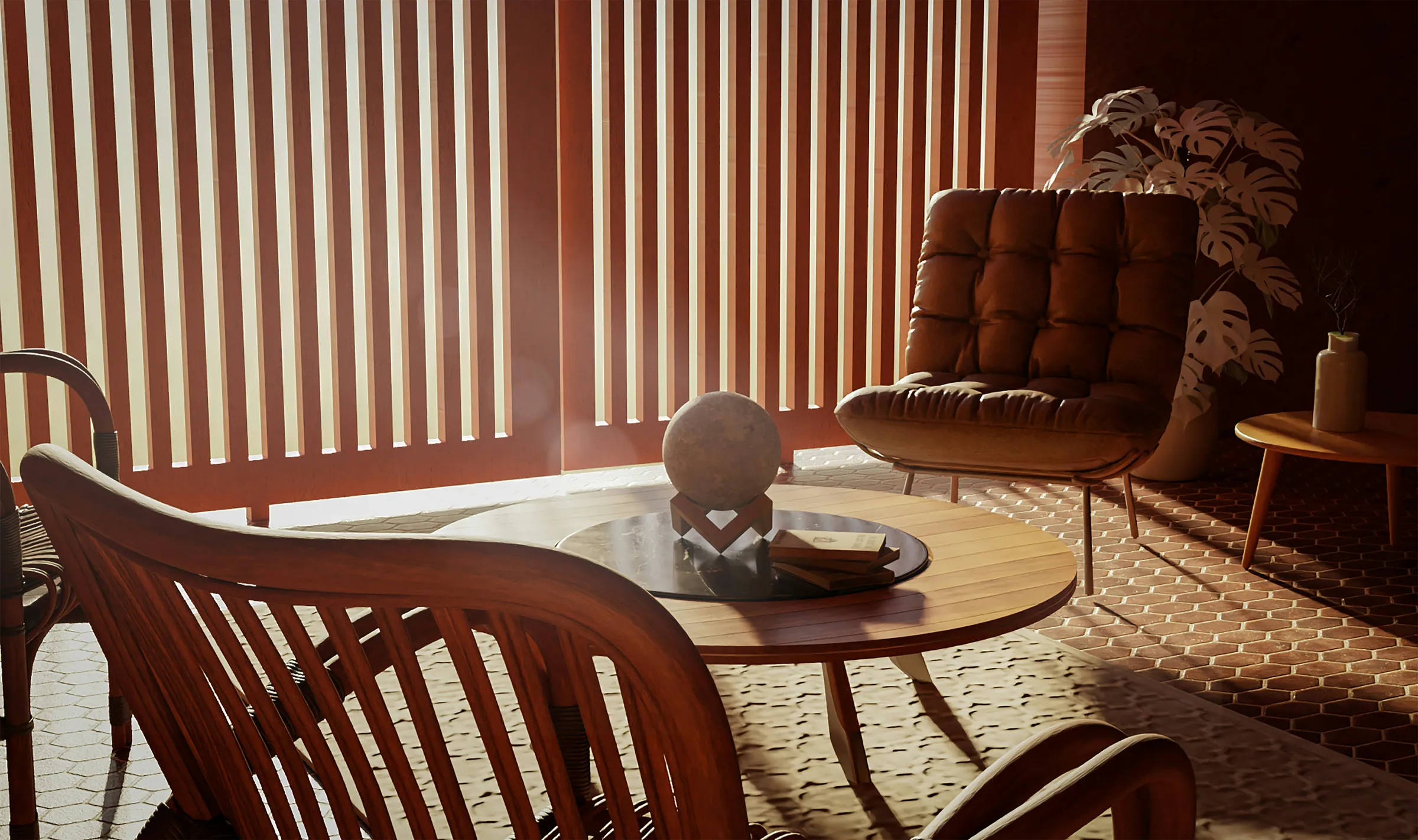 Warm lounge with a tufted leather armchair and sunlight streaming through vertical wooden slats