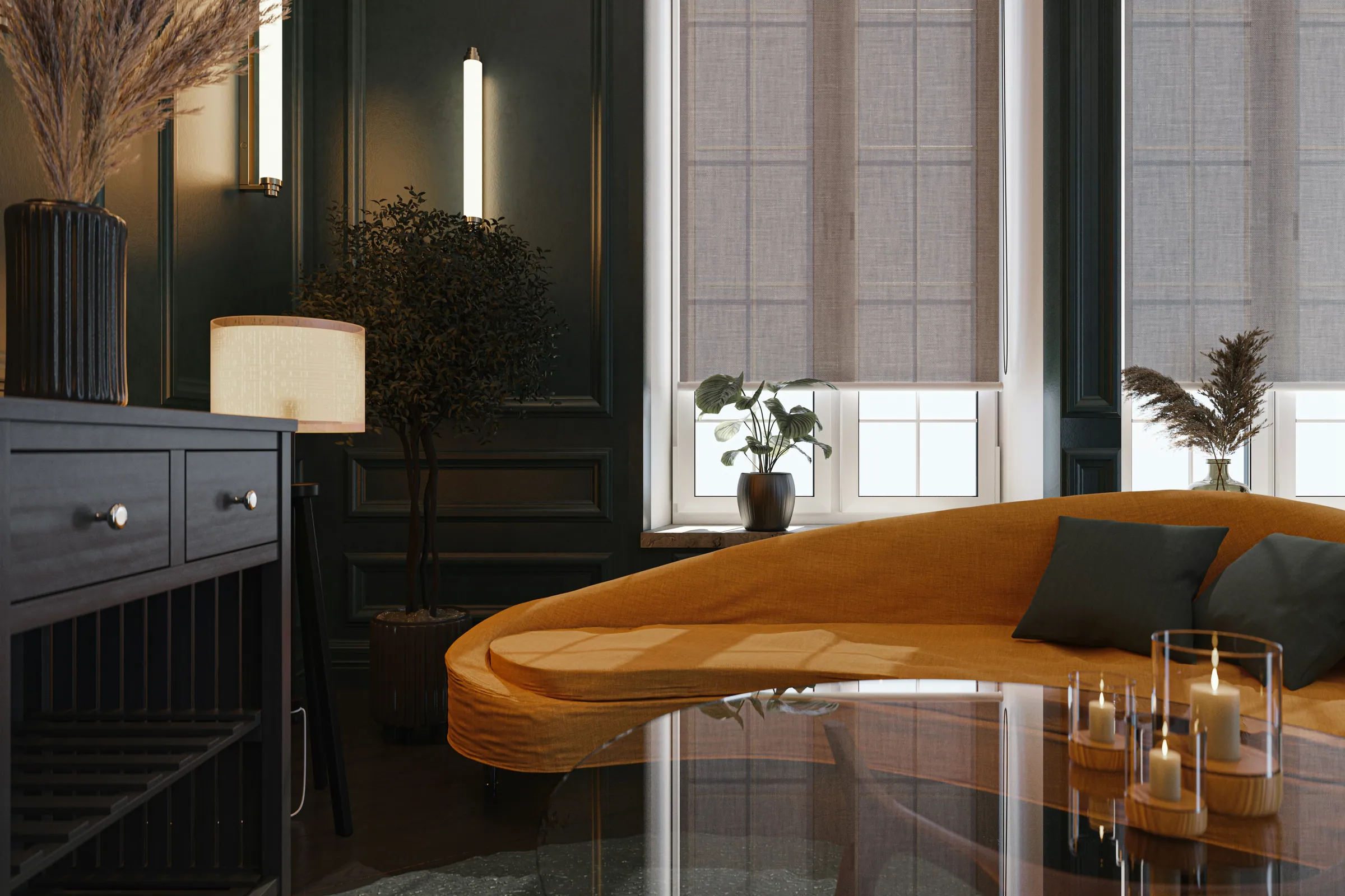 Modern living room with a curved burnt-orange sofa, dark panelled walls, and warm candlelight