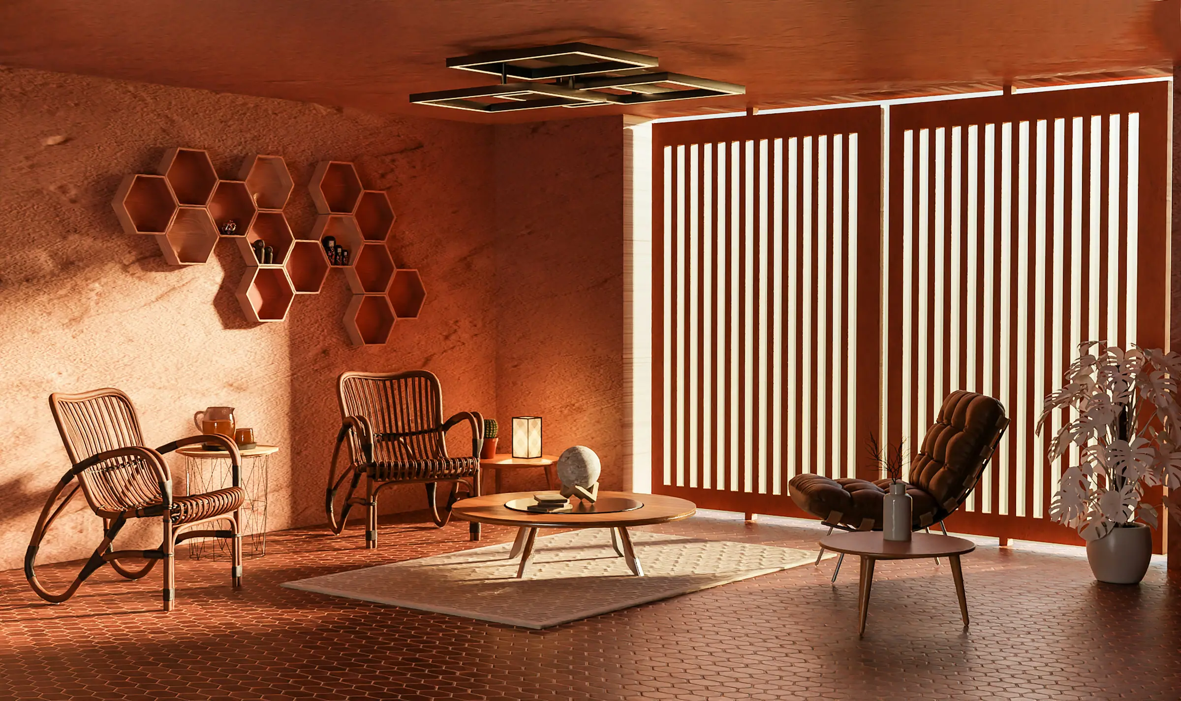 Terracotta-walled lounge with rattan rocking chairs, leather seating, and striped sunlight