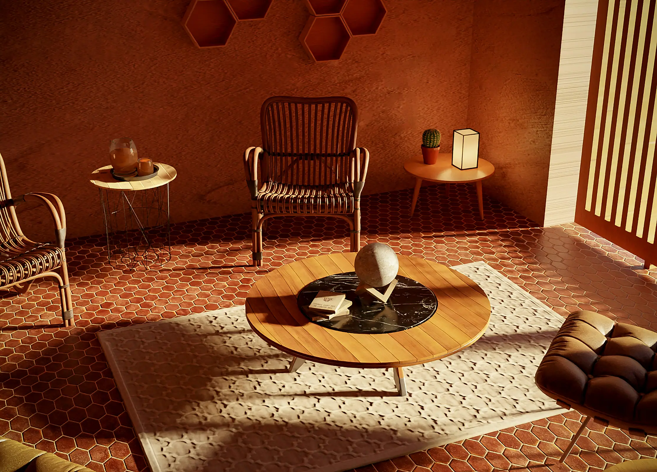 Sunlit lounge with terracotta hexagonal tiles, rattan chairs, and a marble-inlay coffee table