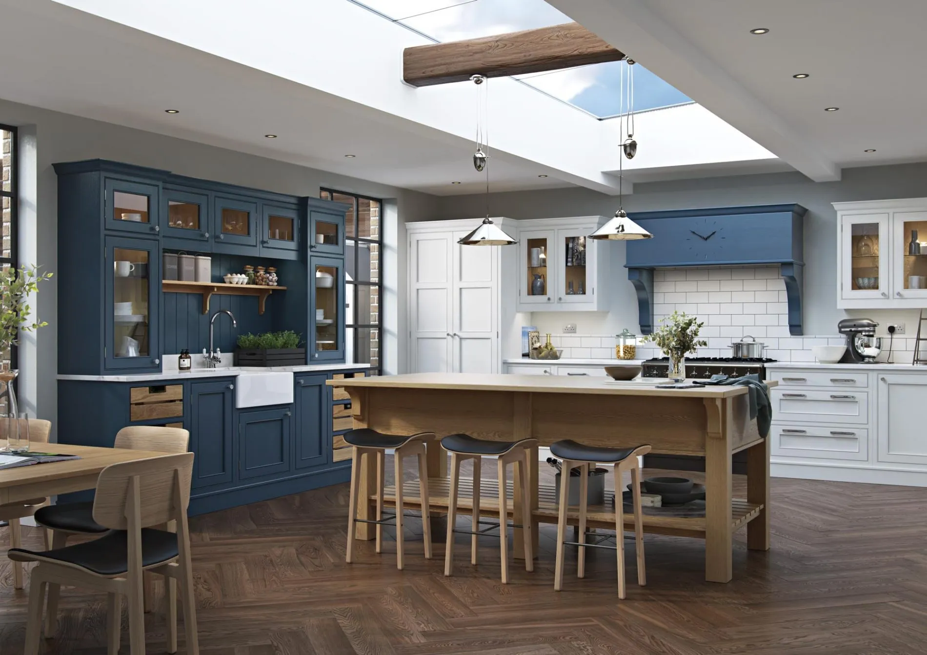 Fitted kitchen with island and integrated appliances