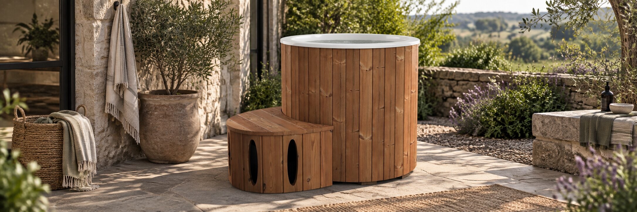 Estwood thermowood ice bath on a stone patio