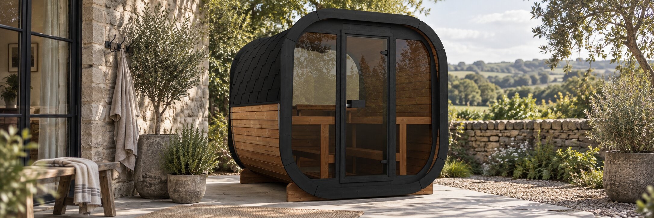 Estwood thermowood outdoor sauna on a stone patio