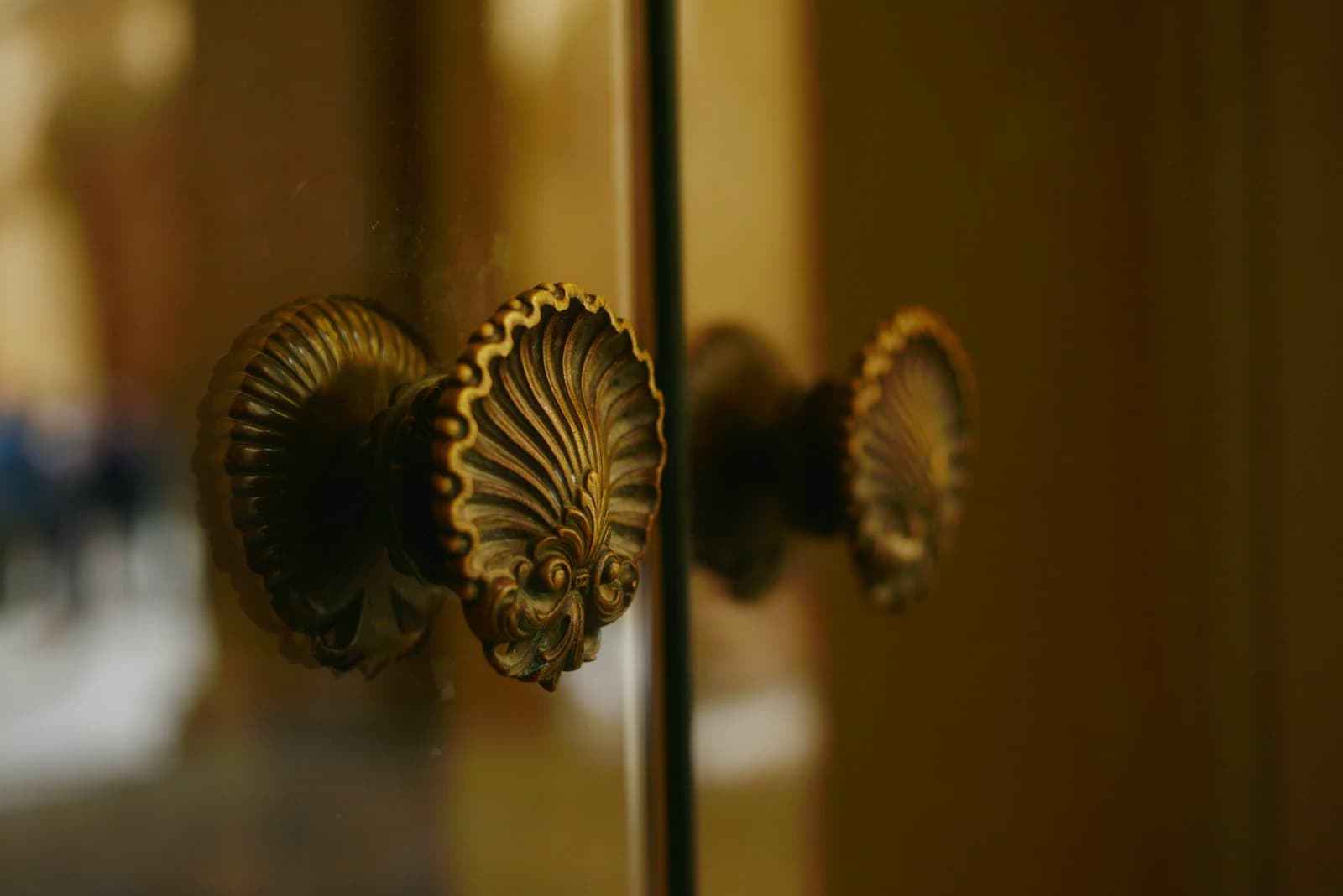 Ornate brass door knobs on a glass door
