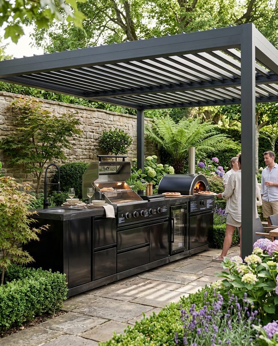 Louvred pergola sheltering a modular outdoor kitchen