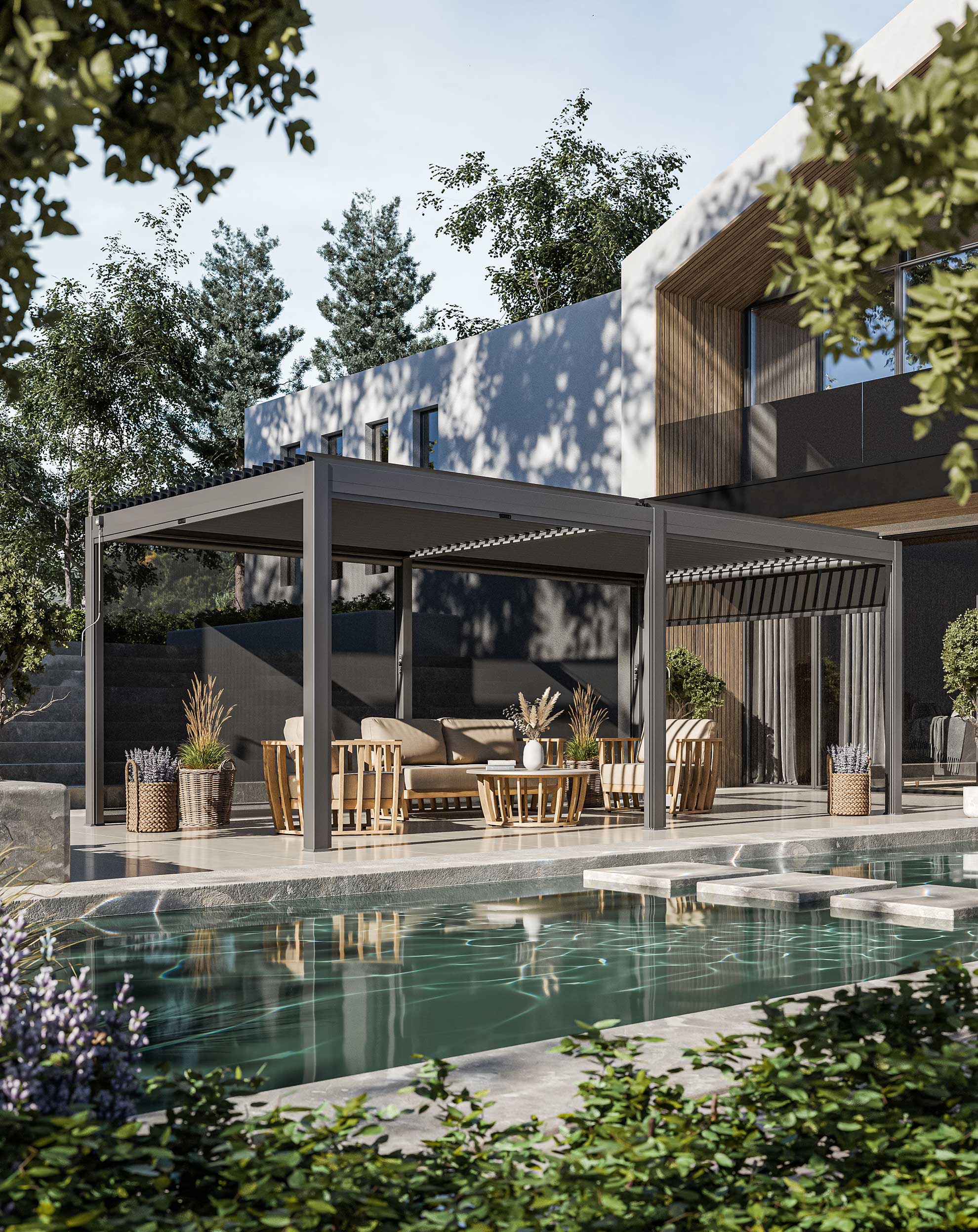 Royalcraft Pure louvred pergola on a patio