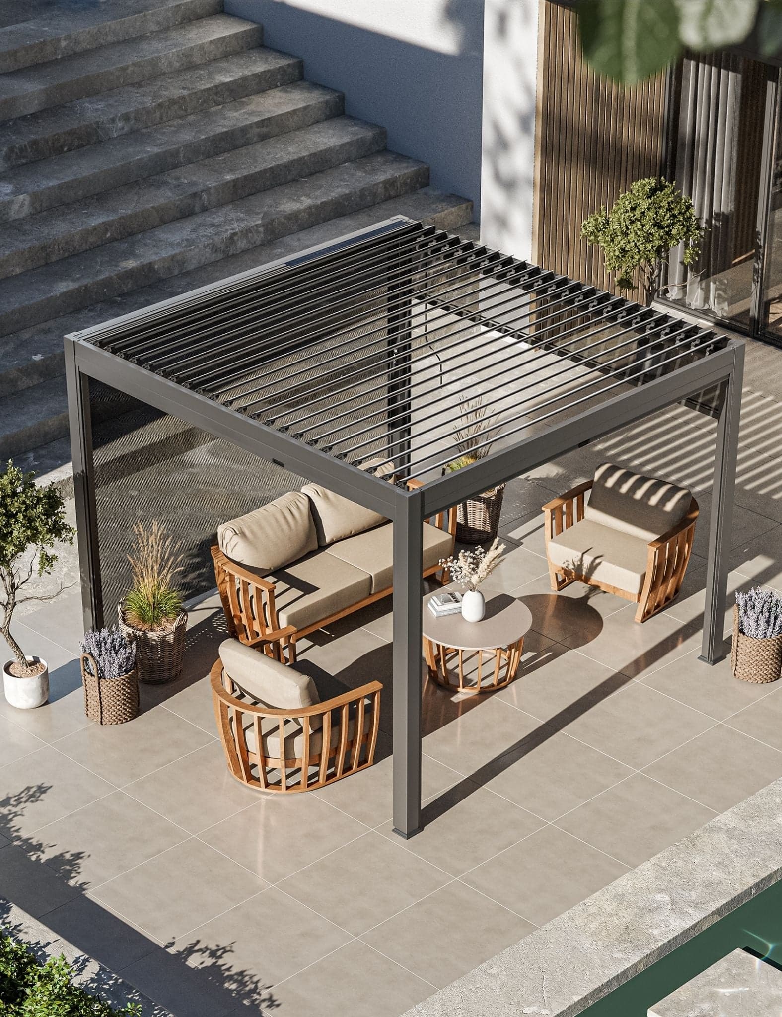 Royalcraft Pure louvred pergola with louvres open