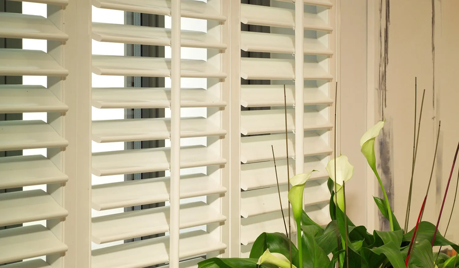 Plantation shutters with louvres closed for privacy
