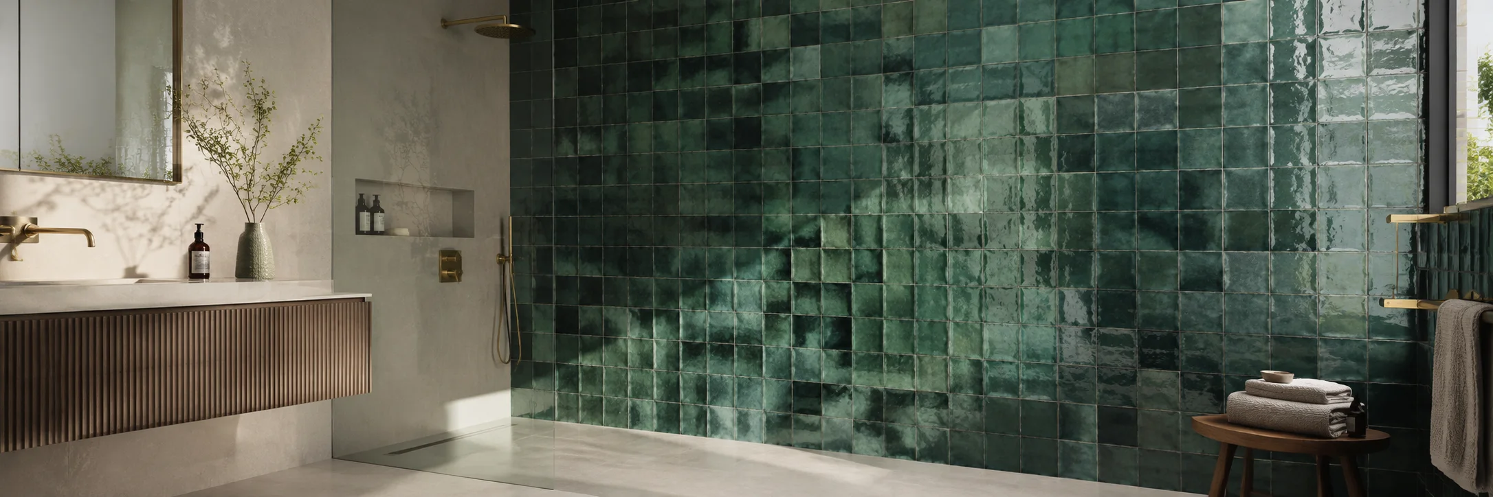 Mixed patterned and plain ceramic tiles on a wall