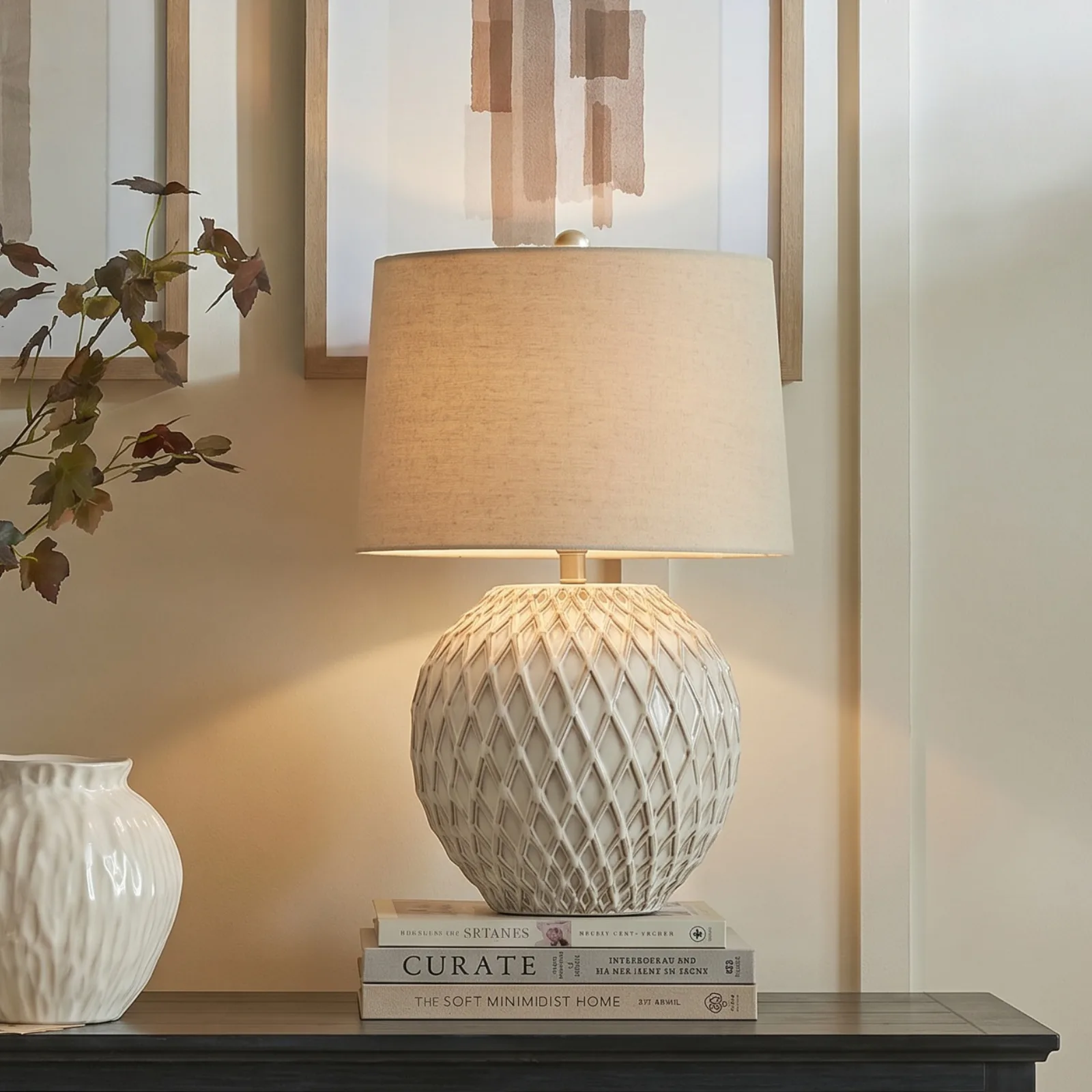 Lattice Ceramic Table Lamp With Linen Shade - Table lamps, photo 7 of 10