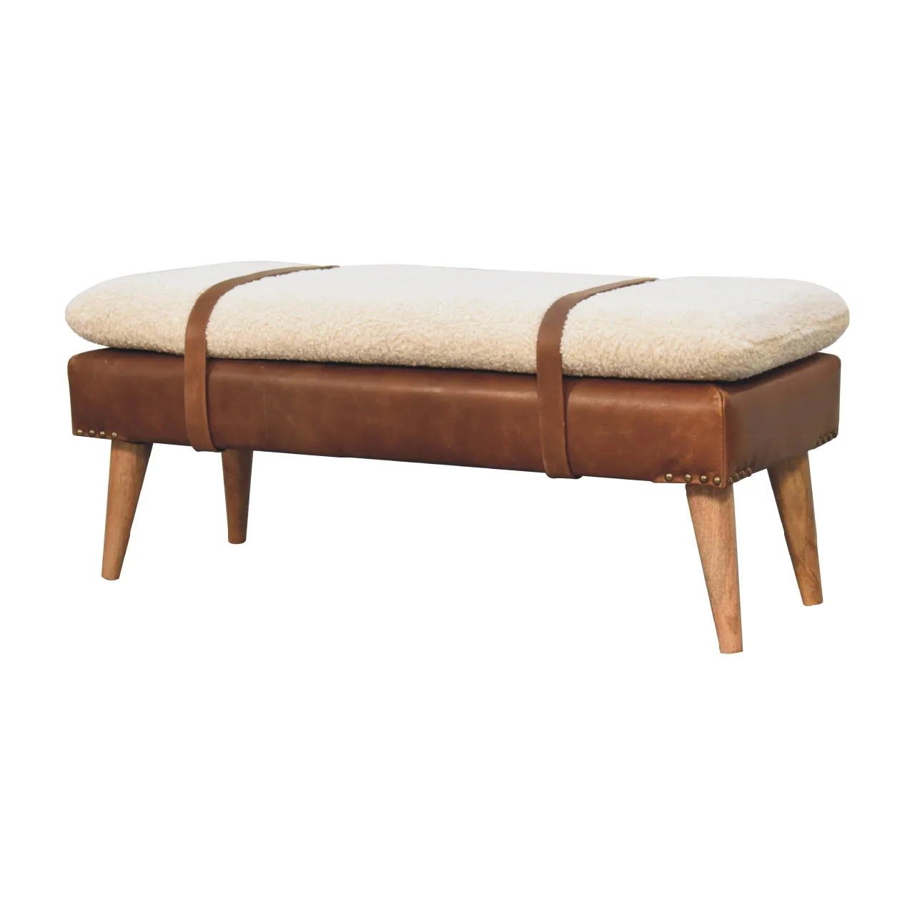 Bouclé Buffalo Hide Leather Bench - Benches, photo 3 of 10