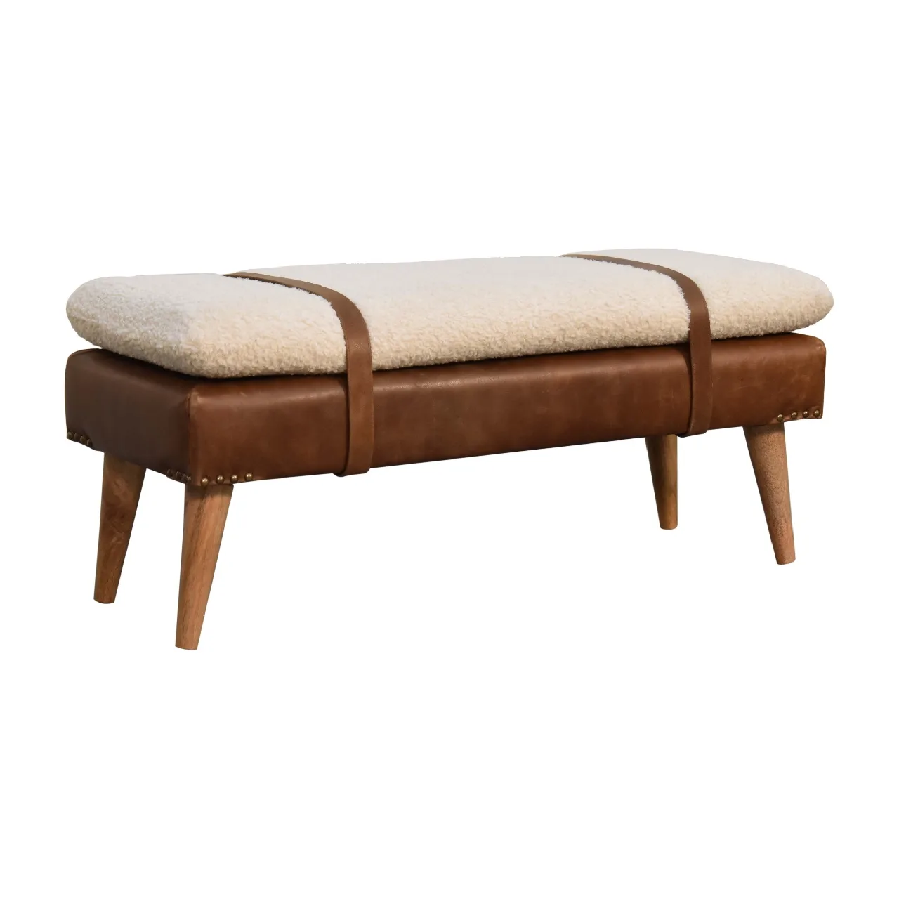 Bouclé Buffalo Hide Leather Bench - Benches, photo 4 of 10