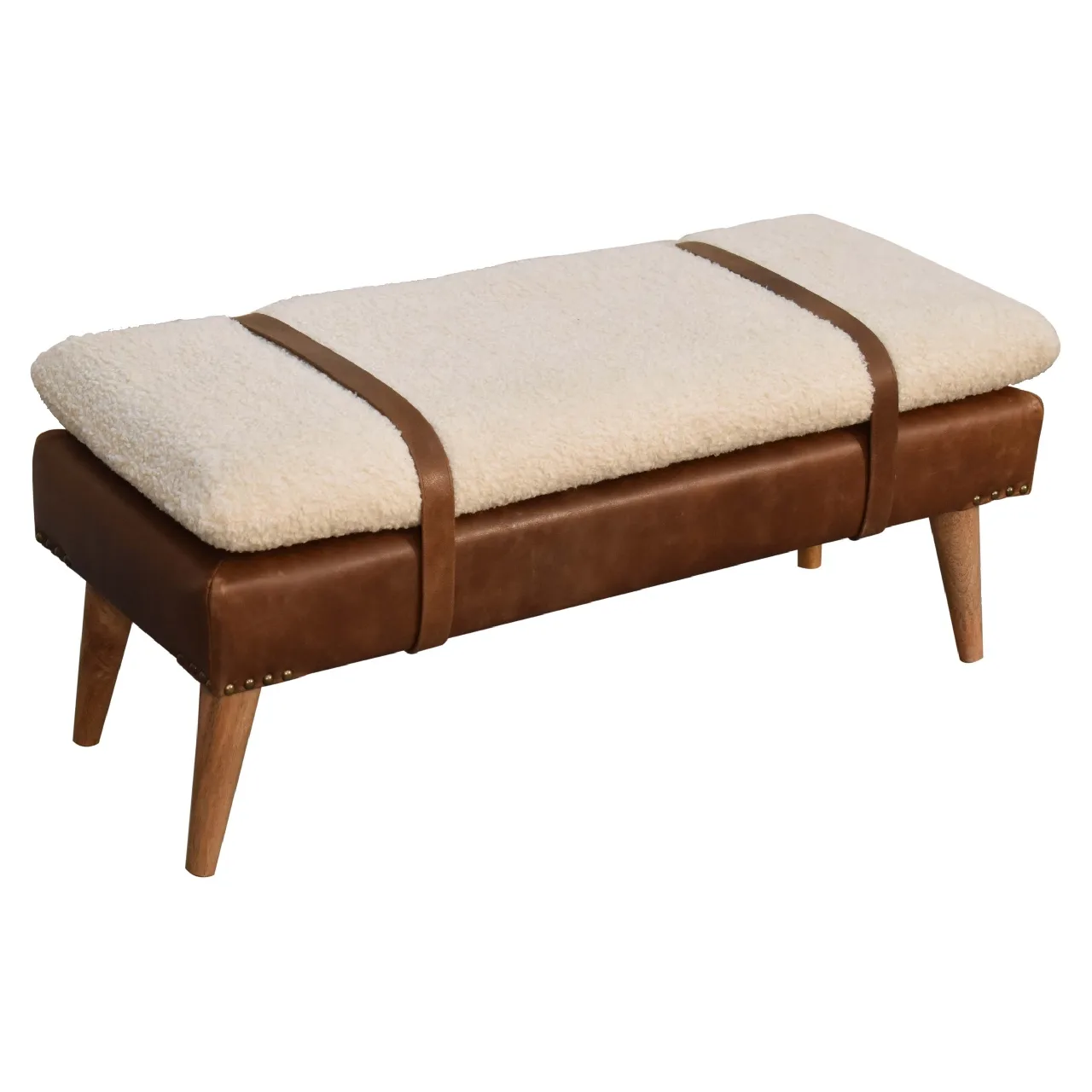 Bouclé Buffalo Hide Leather Bench - Benches, photo 5 of 10