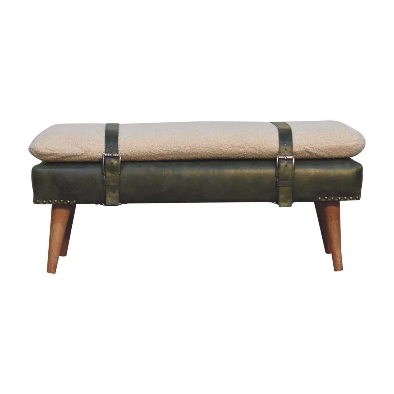 Bouclé Buffalo Hide Olive Green Leather Bench - Benches, photo 2 of 8