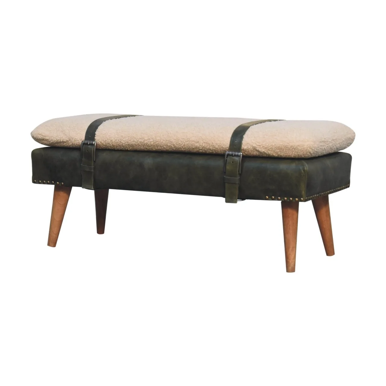 Bouclé Buffalo Hide Olive Green Leather Bench - Benches, photo 3 of 8
