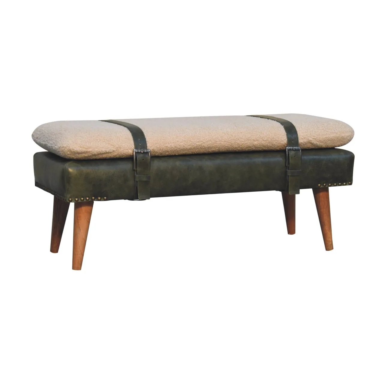 Bouclé Buffalo Hide Olive Green Leather Bench - Benches, photo 4 of 8