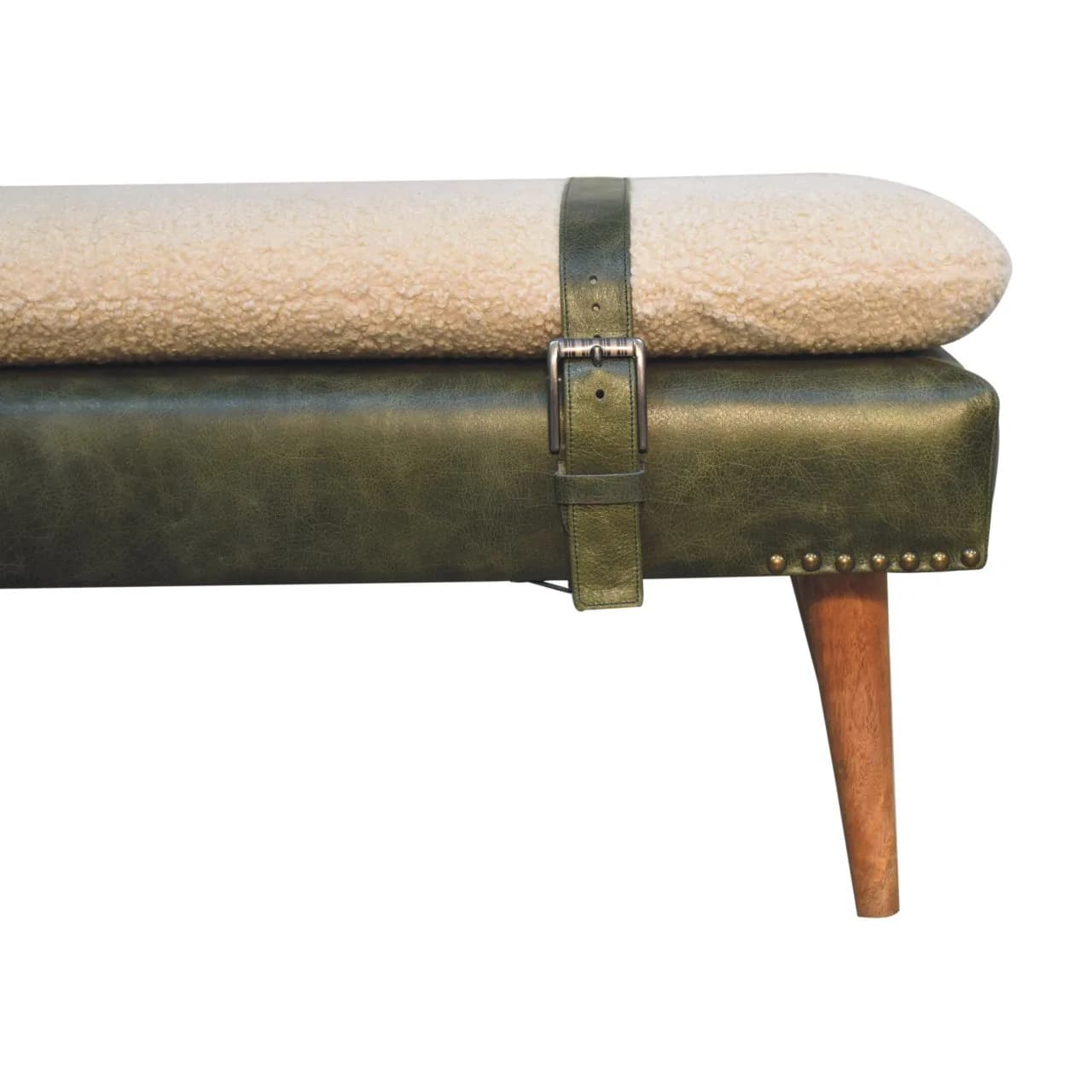 Bouclé Buffalo Hide Olive Green Leather Bench - Benches, photo 5 of 8