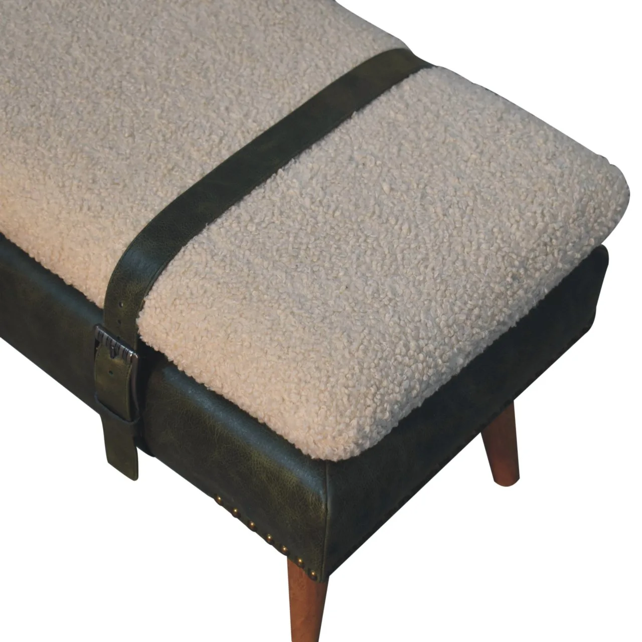 Bouclé Buffalo Hide Olive Green Leather Bench - Benches, photo 6 of 8
