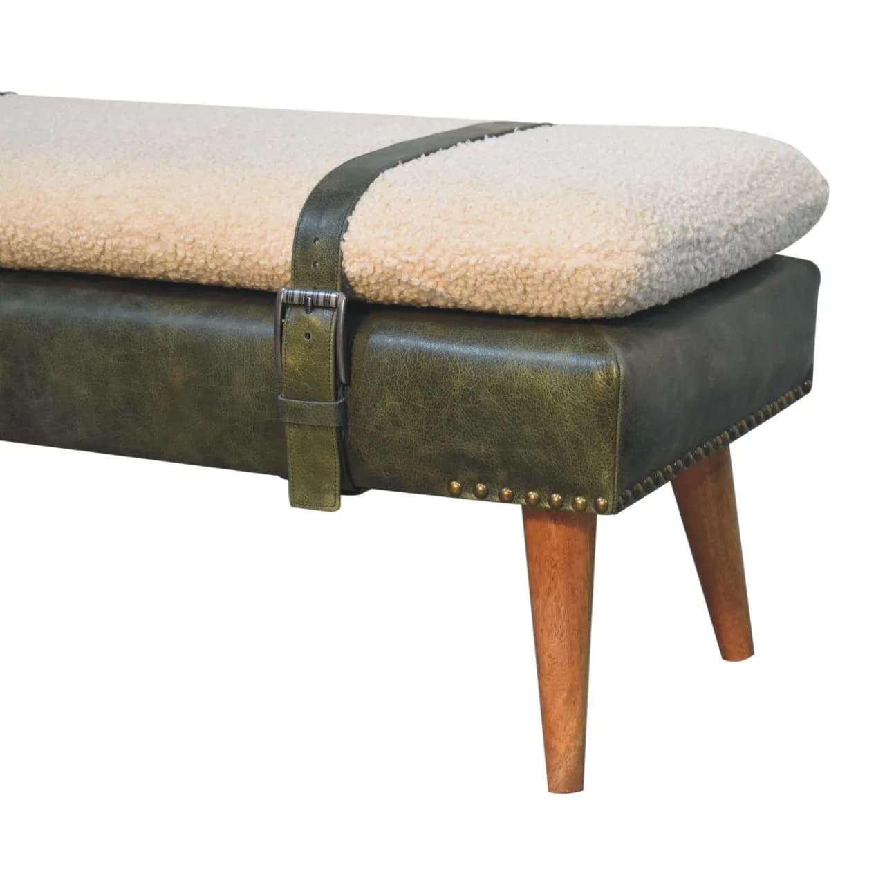 Bouclé Buffalo Hide Olive Green Leather Bench - Benches, photo 7 of 8