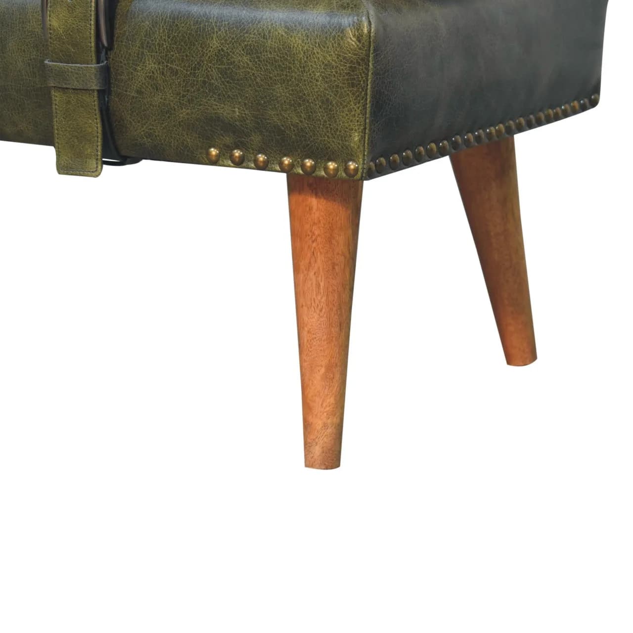 Bouclé Buffalo Hide Olive Green Leather Bench - Benches, photo 8 of 8