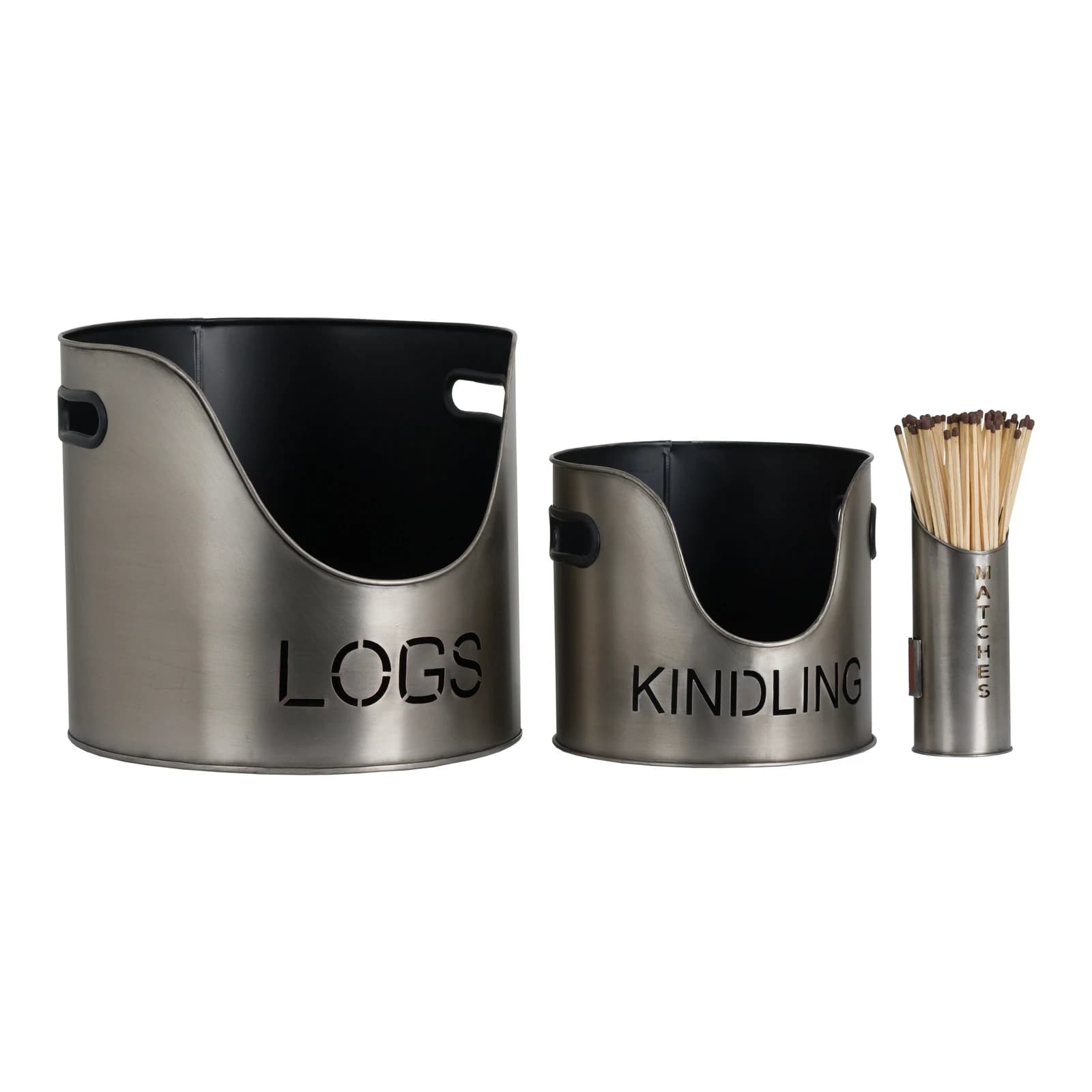 Pewter Finish Logs And Kindling Buckets & Matchstick Holder - Trays & baskets, photo 3 of 6
