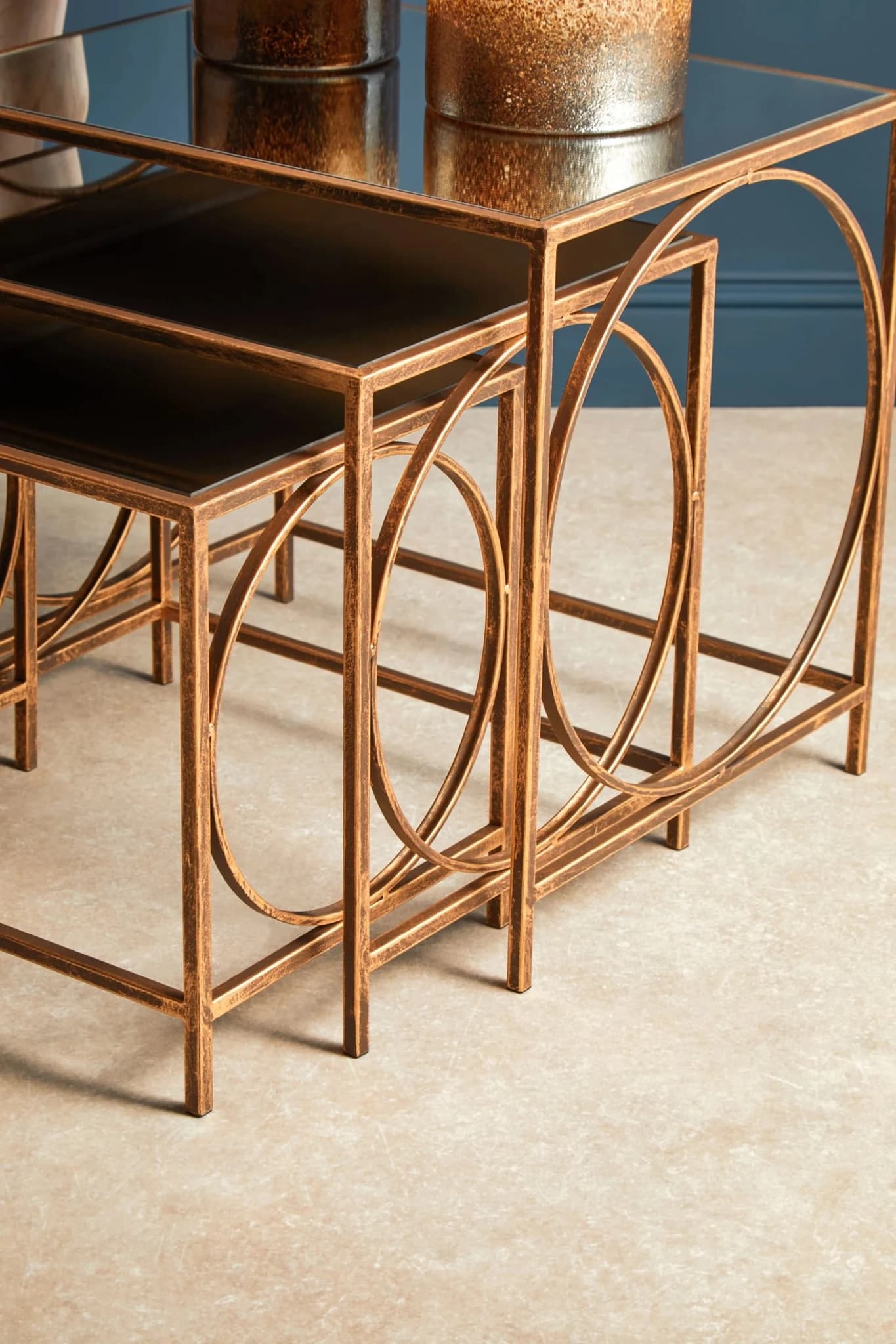Avantis Bronze Finish Set of 3 Nesting Tables with Mirror Tops - Tables, photo 3 of 7